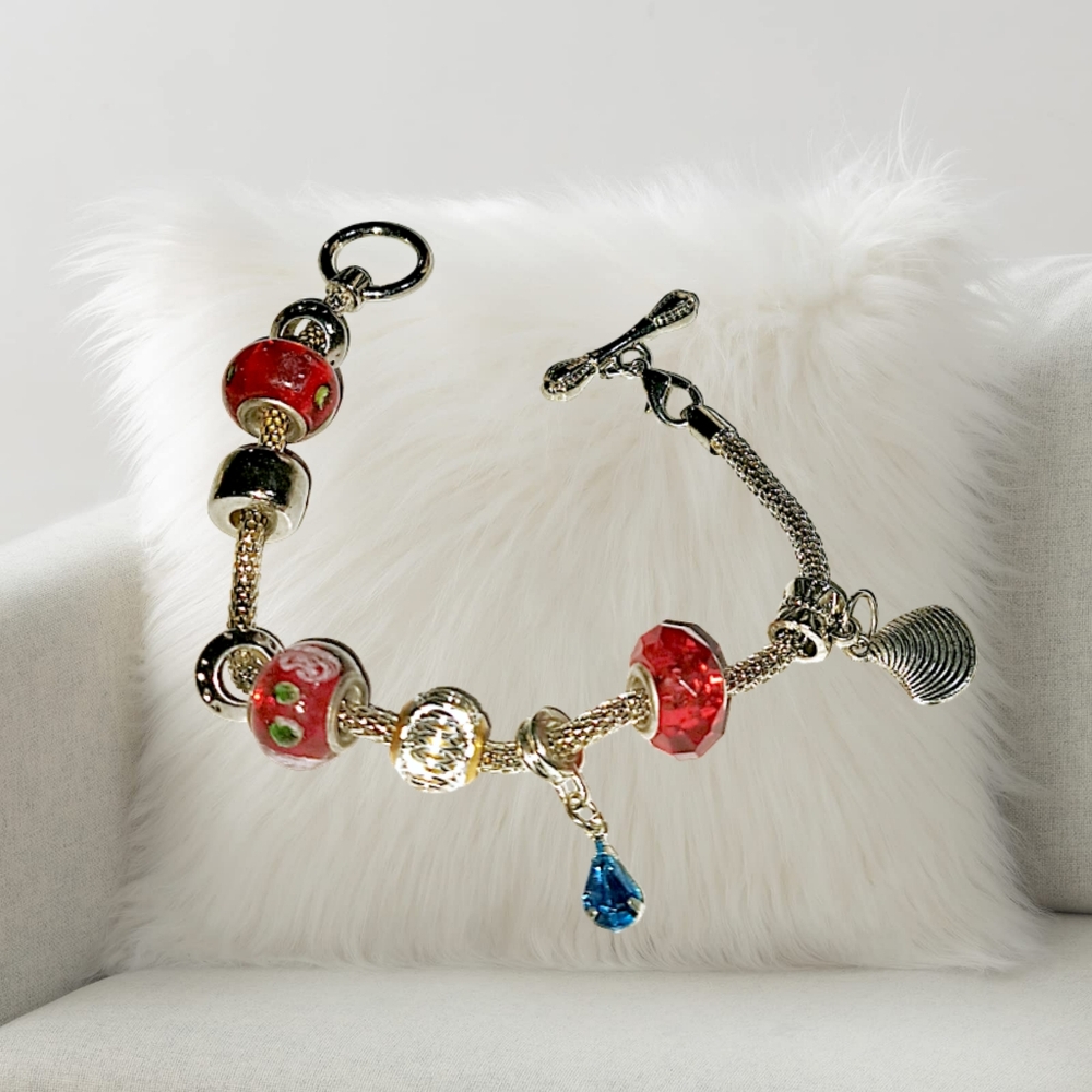 Red Beads Silver Tone Bracelet
